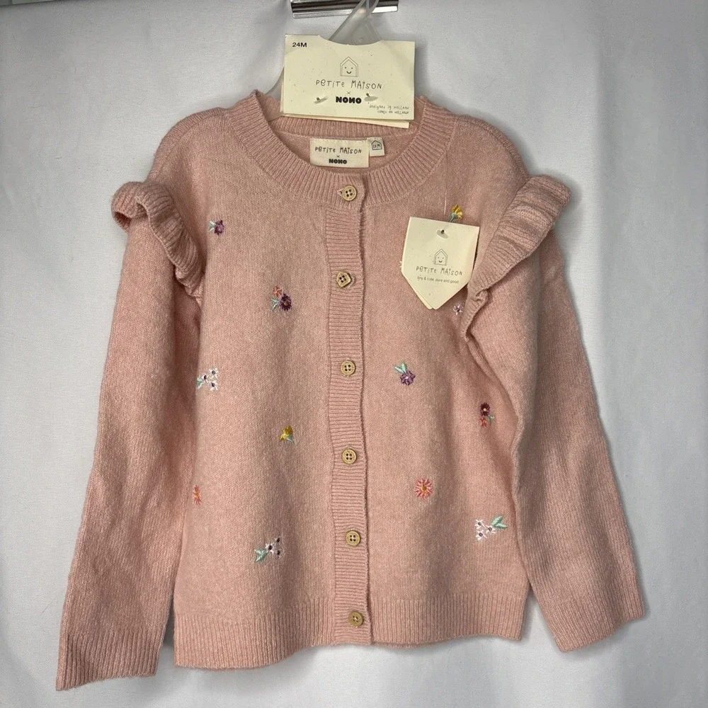 Petite Maison Baby 24 M Pink Ruffle Button‎ Cardigan Sweater Floral Embroidery
